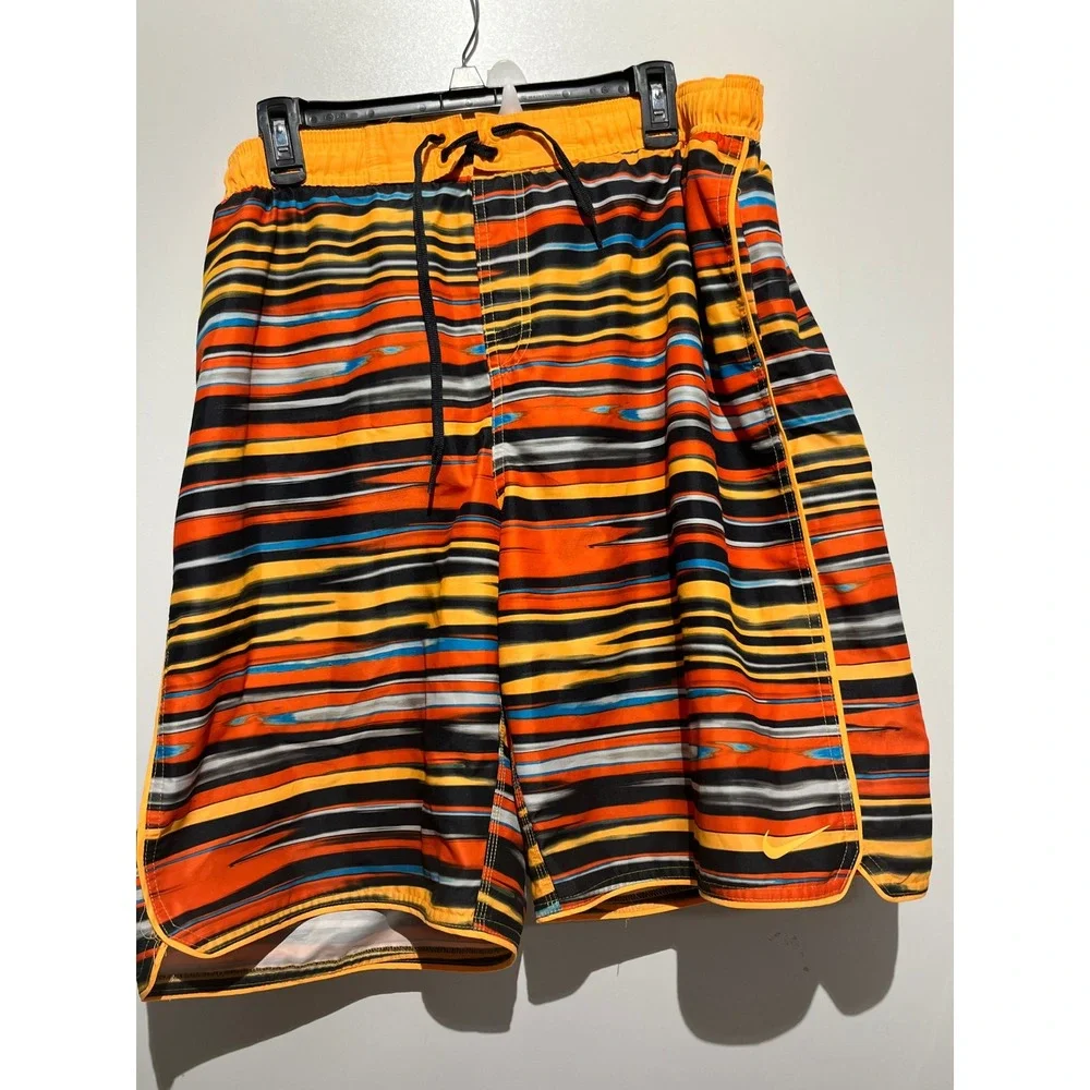Nike Swim Trunks Board Shorts XXL Mens Orange Yellow Blue Abstract Stripe Mesh